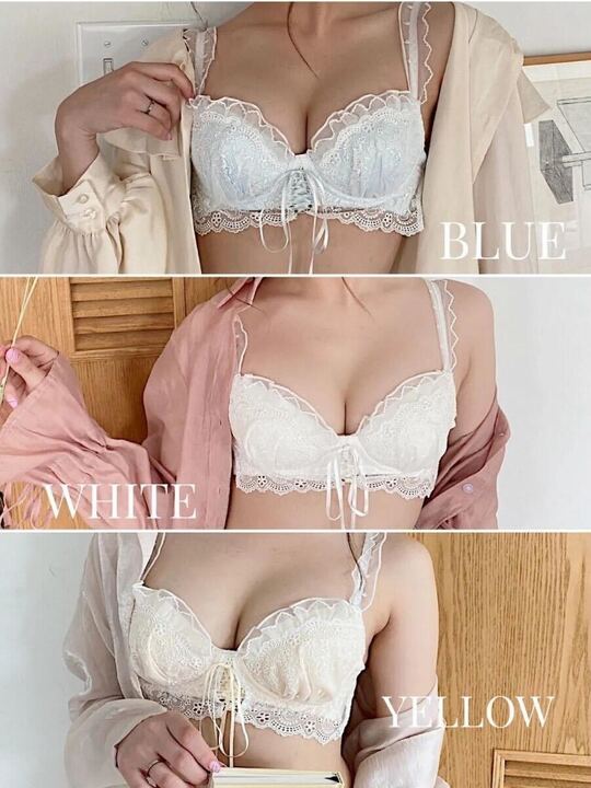 【美胸メイク】フリルガーリーフラワーレースアップブラセット
